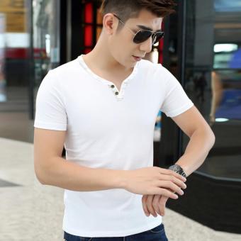 Men's Tops Tees Summer New Cotton V-Neck Short Sleeve T Shirt Men Fashion Slim Fit Basic Tee Trends T-shirt (White) - Intl - Intl  