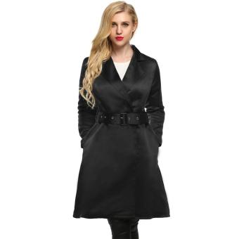 MG Notched Collar Solid Long Swing Trench Coat+Belt (Navy Blue) - intl  