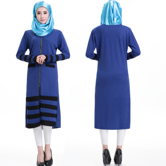 Middle East Women Muslim Stripes Knitted Shirt Hit Color Stitching Long Dress Blue - intl  