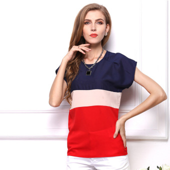 Mixed Colors Striped Short Sleeves Chiffon T-shirt (Red)  