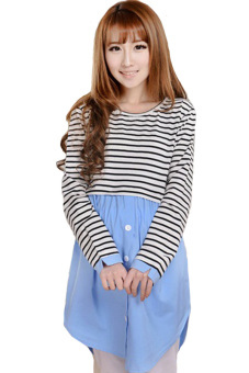 Mommybaby Two Tone Stripe Button Baju / Dress Hamil & Menyusui - Blue  