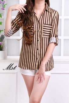 Mst 744 Stripe blouse/ kemeja salur Coklat Tua  