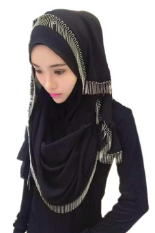 Muslim Cap Hijab Hat Headscarf Chiffon Scarf Fringed Turban Scarf for Women(Black)  