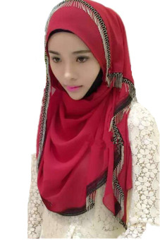Muslim Cap Hijab Hat Headscarf Chiffon Scarf Fringed Turban Scarf for Women(Burgundy)  