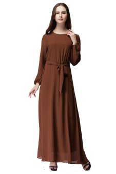 Muslim Ethnic Costumes Lady Robe Long Sleeve Dress Caftan WomenClothing Brown  