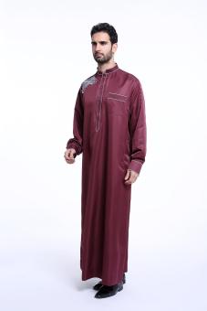 Muslim men long sleeve robe Jubahs Arab Middle East men clothes chest embroidery - wine red - intl  
