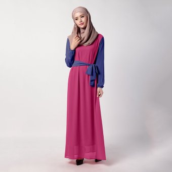 Muslim Women Summer Chiffon National Dress With Bowknot On The Waist (Rose)  