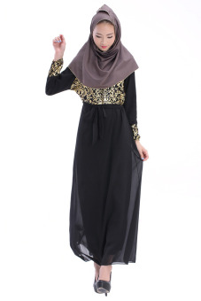 Muslimah Clothing Long Sleeve Double-layer Dress Dubai Robe(Black) - intl  