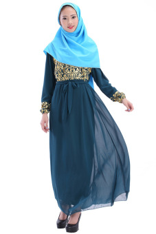 Muslimah Clothing Long Sleeve Double-layer Dress Dubai Robe(Indigo) - intl  