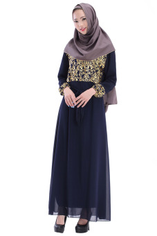 Muslimah Clothing Long Sleeve Double-layer Dress Dubai Robe(Navy) - intl  