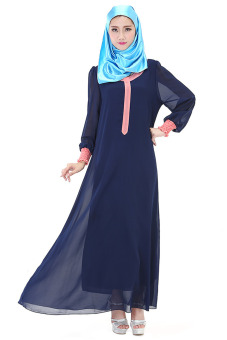 Muslimah Long Sleeve Double-layer Dress Dubai Robe Free Size(Navy) - intl  