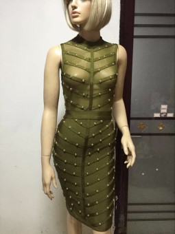 Nail Beaded Mesh Studded Sexy Women Bodycon Knee Length 2016 New Long Sleeve Bandage Dresses (ArmyGreen) - intl  