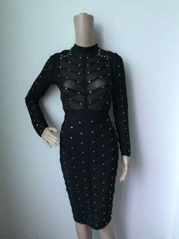 Nail Beaded Mesh Studded Sexy Women Bodycon Knee Length 2016 New Long Sleeve Bandage Dresses (black) - intl  