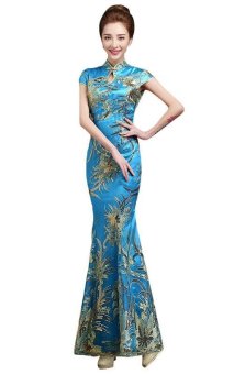 New Arrival Improved Chinese Cheongsam Qipao Wedding Dress 100% Handmade Lace Embroidery Party Costume Evening Dress Sky Blue SS-07SB - intl  