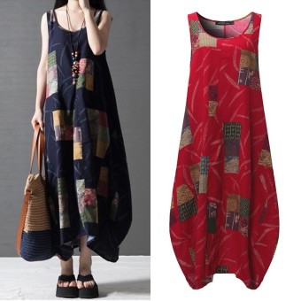 New Arrival Vestidos Summer Women Vintage Print Dress O Neck Lantern Sleeveless Long Maxi Dresses Loose Casual Dress (Red) - intl  