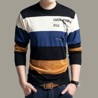 New Fall Fashion Men's Cotton Round Neck Long-sleeved Striped Sweater(Blue) - intl  
