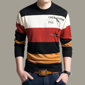 New Fall Fashion Men's Cotton Round Neck Long-sleeved Striped Sweater(Red) - intl  