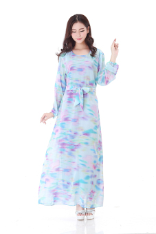 New Fashion Abaya Long Sleeves Muslim Wear Chiffon Maxi Dress Jubahs With Belt Blue  