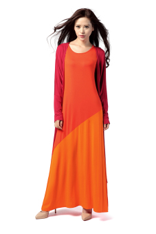 New Fashion Abaya Two-color Long Sleeves Muslim Wear Modal Maxi Dress Jubahs With Outwear Orange  
