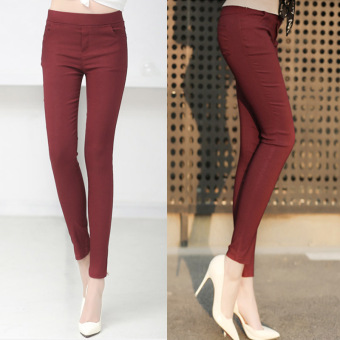 New Fashion Colored Stretch Fashion Female Candy Colored Pencil Women's Pants Elastic Cotton Pants OL Slim Trousers L(Wine Red) - intl  