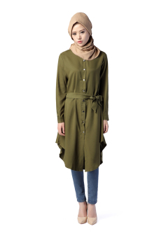 New Fashion Muslim Wear Long-sleeve Blouse Loose-fit Outerwear With Belt Green  