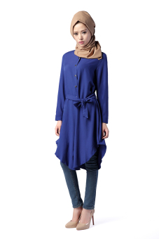 New Fashion Muslim Wear Long-sleeve Blouse Loose-fit Top With Belt Blue  