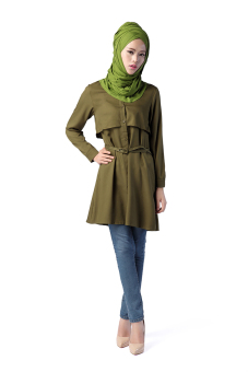 New Fashion Muslim Wear Long-sleeve Blouse Outerwear With Belt Green  