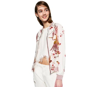 New Fashion Women Bomber Jacket Floral Birds Striped Print Stand Colloar Long Sleeve Casual Baseball Coat White - intl  