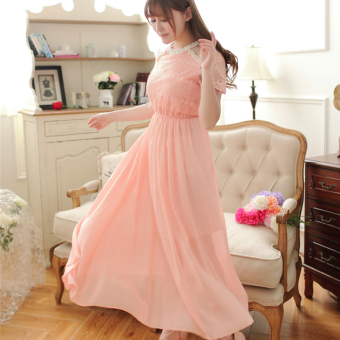 New Fashion Women Dress Chiffon Bohemian Casual Dress Female Party Evening Long Dresses Pink Solid Dress O-neck - intl  