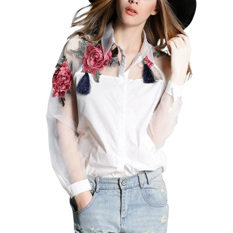 New Fashion Women Long Sleeve Embroidery Floral Print Blouse Elegant Collar Organza Patchwork Shirts White (Intl)  