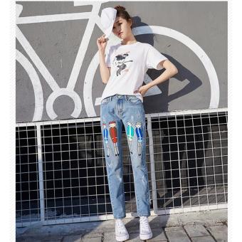 New Korean Fashion Spring Casual Jeans Mid Waist Elastic Plus Size Women Denim Pants Personer Print Fashion Trousers Fleece Denim Jean Women Bottom - intl  