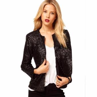 New Lady Women Fashion Long Sleeve O-Neck Sequins Button jacket Casual Short Coat ?black? - intl  