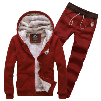 New Men Outdoor Sport Suits Sets Clothes Thick Hoodies Winter Jacket Sportswear Running Wine Red - intl  