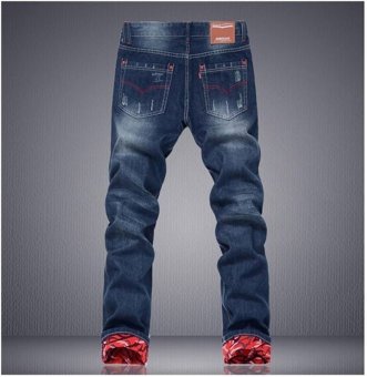 New Men's Fashion Destroyed Hole Slim Feet Straight ripped Jeans Blue Hip Hop Lace Trousers Brand Denim Pants (Blue)  