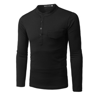 New men's slim long sleeved T shirt stand collar fashion pocket clamshell design t-shirt (black) -intl - intl  
