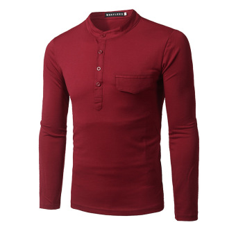 New men's slim long sleeved T shirt stand collar fashion pocket clamshell design t-shirt (wine red) -intl - intl  