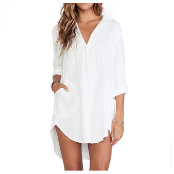 New Short Summer Fashion Long-sleeved V-neck With A pocket Shirt Blouse Tops White  