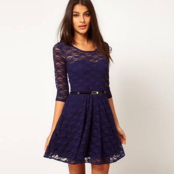 New style Women's Lace Pashmina Slim fit Belted Half sleeve Dress ( Navy) - intl  