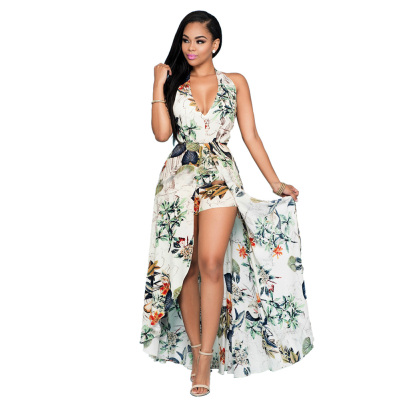 New Summer Dress 2016 Sexy Floral Print Sleeveless Halter Deep V-Neck Mini Long Swing Dress Fashion Club Bodycon Dress with Cut Out Details - intl  
