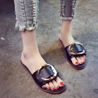 New Women Buckle Decor Flat Sandals Flat Slipper Summer Female Shoes Anti-slip Beach Shoes Black XZ295 - intl  