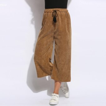 New Women Casual Loose Elastic Drawstring Waist Calf Length Wide Leg Pants (Khaki) - intl  