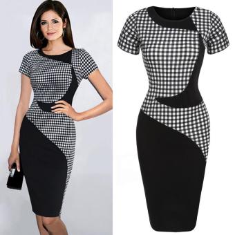 New Women Casual O-Neck Patchwork Plaid Slim Fit Short Sleeve Party Work Office Career Pencil Bodycon Dress - intl  