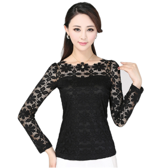 New Women Fashion Lace Crochet Blouse Long-sleeved Lace Tops Plus Size M-5XL Black - intl  