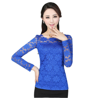 New Women Fashion Lace Crochet Blouse Long-sleeved Lace Tops Plus Size M-5XL Blue - intl  