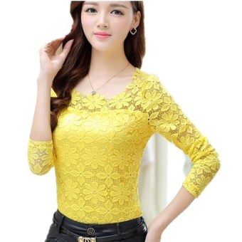 New Women Fashion Lace Crochet Blouse Long-sleeved Lace Tops Plus Size M-5XL Yellow - intl  
