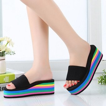New Women Flip Flops Sandal Santai Pantai Rainbow Platform Baji Sandal Tinggi  