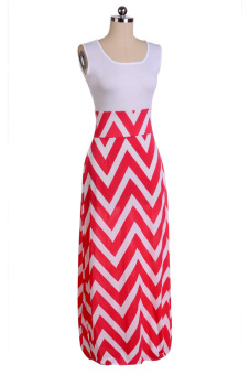 New Women O-Neck Sleeveless Wavy Print Slim Sexy Maxi Contrast Color Tank Dress S-XL (White+Rose Red) - intl  