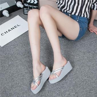 New Women Summer Beach sandals Shoes Woman Flip Flops Wedge Slippers Shoes High Heels Sandals ( Grey) - intl  