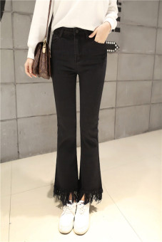 New Women's Fashion Irregular Edges Nine Points Jeans Fringed Waist Denim Pants Weila Black - intl  