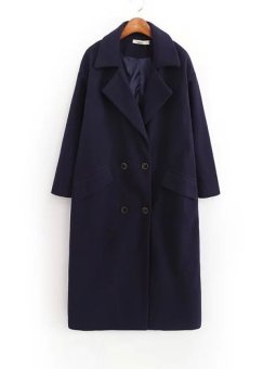 Notched Collar Solid Double Breasted Thicken Coat Navy Blue  
